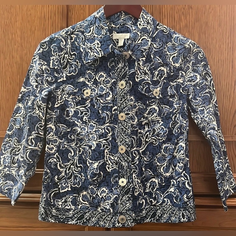 Charter Club Petite Paisley Trucker Jacket Button Closure Denim Layering Summer